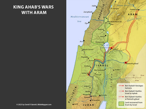 King Ahab's wars with Aram. <br/>Ahab became king after the death of his father Omri (1 Kings 16:8-28). Ahab married Jezebel, the daughter of the Sidonian King Ethbaal, and adopted her zealous worship of Baal. Ahab engaged Ben-hadad II of Aram in multiple battles (1 Kings 20-22). – Slide 10