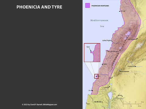 Phoenicia and Tyre. <br/>The mountainous region of Phoenicia (corresponding roughly to modern Lebanon) lay along the coast of the Mediterranean Sea, just north of ancient Israel. Throughout most of their history the Phoenicians enjoyed a peaceful relationship with the people of Israel. They were renowned for their abundant supply of cedar (2 Kings 19:23; Psalm 29:5; 92:12, 2 Chronicles 2). – Slide 3