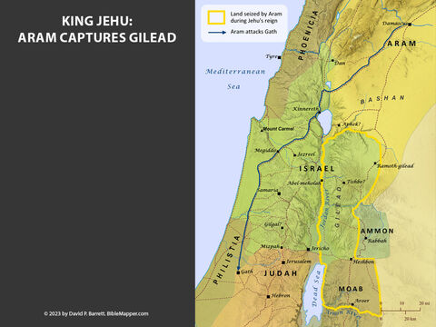 King Jehu: Aram captures Gilead. <br/>During Jehu’s reign over Israel the Lord began to reduce the size of Israel’s territory (2 Kings 10:32-33), primarily at the hands of Hazael king of Aram (2 Kings 8:7-15; 9:24-29). Sometime around 825 B.C. or soon thereafter Hazael brutally seized all of Gilead, including the former territory of Reuben, which had already been taken from Israel by Moab about 20 years earlier (2 Kings 1:1; 3:1-27; 8:12; 10:32-33; 2 Chronicles 21:8-10). After this he turned to attack Jerusalem as well, but King Jehoash of Judah gave him all the treasures from the temple and persuaded him to withdraw (2 Kings 12:17-18). – Slide 6