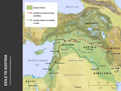 Israelites are Exiled to Assyria.<br/>The northern kingdom of Israel had become subject to the vast Assyrian Empire as early as 740 B.C. When King Hoshea of Israel rebelled against Assyria’s rule, King Shalmaneser of Assyria invaded and besieged the capital city of Samaria. After three years Samaria fell, and many more Israelites were exiled to places along the Habor River and to Media (2 Kings 17:1-6). Shalmaneser resettled foreign peoples in Samaria, including people from the regions of Babylon and Hamath (2 Kings 17:24). – Slide 1