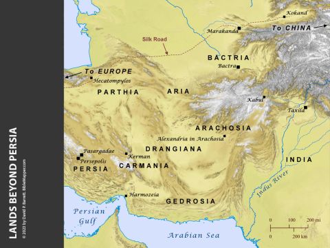 Lands beyond Persia. <br/>The book of Esther notes that the domain of the Persian Empire stretched from India (its eastern border) to Cush. The Persian Empire subjugated Bactria, Arachosia, and Gedrosia by about 525 B.C. Eventually the lands shown here came under the rule of the newly established Parthian Empire, which lasted throughout the time of the New Testament. Acts 2:9 notes that Jews from Parthia were present at the Temple in Jerusalem when Peter preached his famous sermon at Pentecost. – Slide 6