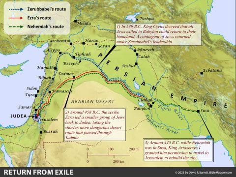 Return from Exile. <br/>The Persian king Cyrus the Great conquered Babylon in 539 B.C., and a year later he decreed that all exiled Jews in his kingdom could return to their homeland (Ezra 1:1-4; 2 Chronicles 36:22-23). A short time after this a group of about 50,000 Jews returned to Judea led by the newly appointed governor Zerubbabel. This first group of Jews immediately restored the altar of the Temple (Ezra 3-4), and then by 516 B.C. they finished rebuilding the Temple of the Lord (Ezra 6; Haggai 1). Several decades after this in 458 B.C., King Artaxerxes I appointed the Jewish scribe Ezra to lead another group of about 5000 Jews to Judea to restore proper Temple worship (Ezra 7-8; Nehemiah 7). – Slide 7