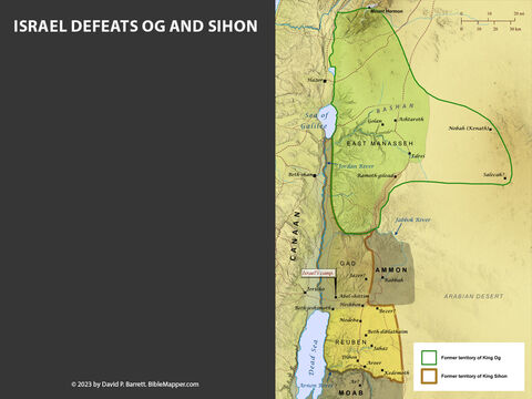 Israel Defeats Og and Sihon. <br/>As the Israelites approached Canaan from the east, they asked the Amorite king Sihon if they could pass through his land, but he attacked them instead. The Israelites defeated him at Jahaz and captured all his land (Deuteronomy 2:24-37). After this they turned northward toward Bashan and defeated King Og at Edrei (Deuteronomy 3:1-11). – Slide 8