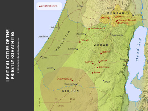 Levitical Cities of the Priestly Kohathites. <br/>Unlike the other tribes of Israel, the tribe of Levi was not allotted any portion in the Promised Land for their inheritance (Numbers 18:20-24; 26:62; Deuteronomy 10:9; 18:1-2; Joshua 18:7). Instead, they were supported by the tithes of the other Israelites and were allotted various towns to inhabit among the other tribes. <br/>The Kohathites were responsible for the sanctuary, the ark, the table, the lampstand, the altars, and the articles of the sanctuary. – Slide 14