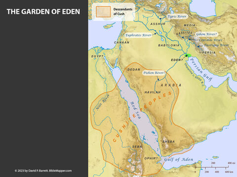 The Garden of Eden. <br/>The Bible locates the garden of Eden at the confluence of four headwaters into a single river that watered the garden. These four rivers are called the Pishon, the Gihon, the Tigris, and the Euphrates. The identification of the last two rivers is widely accepted.  The identification of the first two rivers, however, has become obscured over time and has been the subject of diverse speculation. – Slide 1