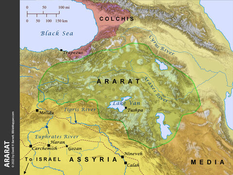Ararat. <br/>The land of Ararat (also called Urartu) was mountainous, so it is fitting that Noah’s ark came to rest there, though the Bible does not name a specific peak or exact location. Ararat lay to the north of Assyria. – Slide 2
