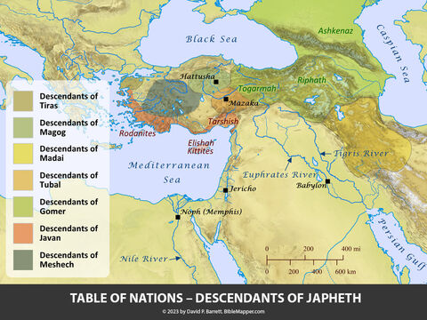 Table of Nations – Descendants of Japheth. <br/>Japheth’s sons Gomer and Javan gave rise to other people groups cited in the list, so they have been shown as broad regions on the map. Japheth’s sons Magog, Madai, Tubal, Meshek, and Tiras are displayed this way as well, though no specific peoples are listed as descending from them. – Slide 4