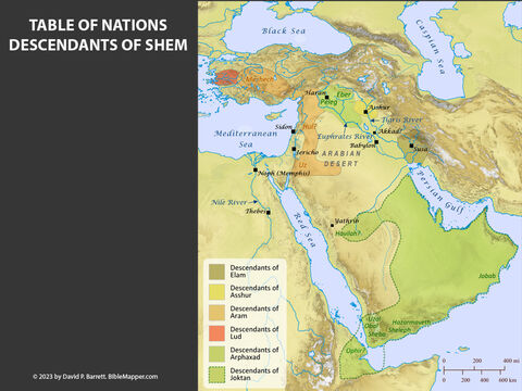 Table of Nations – Descendants of Shem. <br/>Shem’s sons Elam, Arphaxad, and Aram each gave rise to other people groups cited in the list, so they have been shown as broad regions on the map rather than as specific people groups. The Israelites were descended from Arphaxad through Shelah, Eber (thus, the Hebrews), and Peleg. In Luke’s account of Jesus’ genealogy an ancestor named Cainan is inserted between Arphaxad and Shelah (Luke 3:35-36). – Slide 5