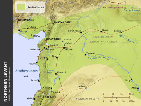 Northern Levant. <br/>When Abraham and his father Terah first set out from Ur, they were intending to go to Canaan, but instead they settled in Haran for a time. After Terah died, Abraham left Haran with his family and completed the journey to Canaan (Genesis 11:31-12:5). Later he sent his servant back to the region of Haran to find a wife for his son Isaac (Genesis 24). Still later, Abraham’s grandson Jacob fled to this same area to escape the wrath of his brother Esau, and there he married two wives (Genesis 28-30). – Slide 6