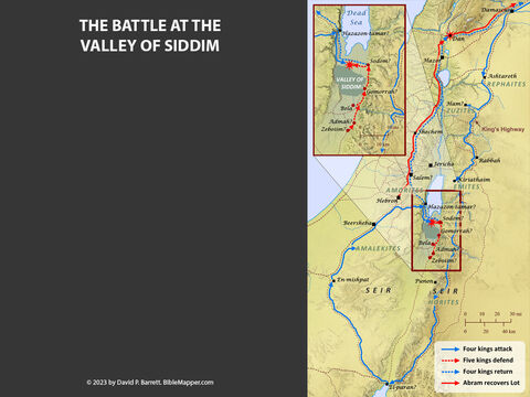 The battle at the Valley of Siddim. <br/>The forces of Sodom, Gomorrah, Bela, Admah, and Zeboiim were routed by king Kedorlaomer of Babylonia and three of his allies in the valley of Siddim. Lot was captured but later rescued by Abram. – Slide 7