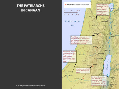 Patriarchs in Canaan. <br/>Abraham, Isaac, Jacob, and all of Jacob’s sons lived in Canaan, the land that the Lord promised to give to Abraham’s descendants. – Slide 8