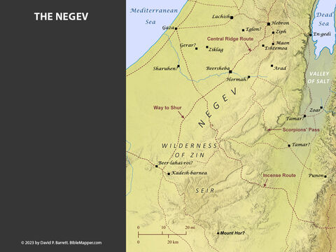 The Negev. <br/>The Negev spanned a loosely defined area in the southern extreme of Israel. With an average rainfall of about 8 inches (20 cm) per year, its desert climate often required inhabitants to live semi-nomadically to survive. At the same, however, when the occasional rain did come, the whole region quickly sprang to life with new vegetation, especially along seasonal streambeds (see Psalm 126:4). Abraham and Isaac spent considerable time in this region (Genesis 12:1-8; 13:1-3; 20:1-21:34; 24:62; 25:11), and Abraham is credited with digging the well at Beersheba (21:30-31). – Slide 9