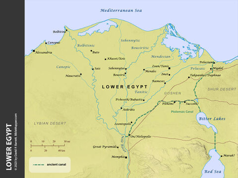 Lower Egypt. <br/>Long before Abraham’s time, Menes unified Upper and Lower Egypt and became the first king, and later rulers built the Great Pyramids near the important city of Memphis. During Joseph’s time as second-in-command to pharaoh, Joseph’s father and brothers (the ancestors of the Israelite tribes) settled in Goshen and farmed its fertile soil (Genesis 46-47). Later the people of Israel were forced to labour as slaves in Egypt and built the store cities of Pithom and Rameses (Exodus 1:11). – Slide 12