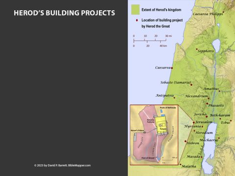 Herod’s Building Projects. <br/>Herod built numerous structures in Jerusalem, in many towns throughout his kingdom, and even in cities far beyond Palestine, such as Antioch of Syria. In Jerusalem he completely renovated and expanded the Temple of the Lord, built a lavish palace for himself, and built various pools, public buildings, and citadels (including the Antonia Fortress). Elsewhere he built Roman administrative buildings, aqueducts, and pagan temples, and he fortified several desert refuges for himself, including the fortress of Masada. – Slide 1