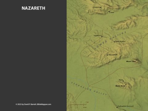 Nazareth. <br/>Nazareth was perched atop one of the low lying hills of Lower Galilee overlooking the great Esdraelon (Jezreel) Valley, the scene of so many momentous battles throughout Israel’s history (Judges 4-7; 1 Samuel 28-31; 2 Kings 23:29-30; 2 Chronicles 35:20-27). Nazareth lay about three miles (5 km) southwest of Gath-hepher, the hometown of the prophet Jonah (2 Kings 14:25), and about the same distance southeast of Sepphoris, a sizeable administrative centre during Jesus’ time. – Slide 4