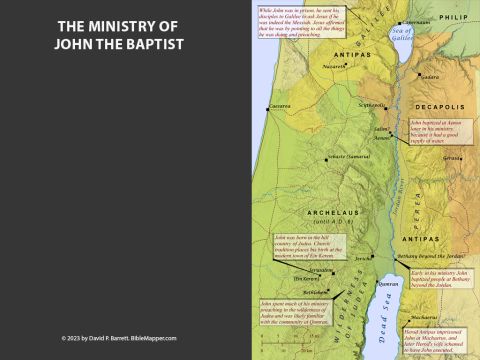 The Ministry of John the Baptist. <br/>When John grew up, he lived in the wilderness of Judea (Matthew 3:1; Mark 1:1-8; Luke 1:80). John initially baptized at Bethany beyond the Jordan River (John 1:28; 10:40), likely across from Jericho. Later he moved his ministry to Aenon across the Jordan River (John 3:22-26) and further north. John called out sin wherever he saw it and even rebuked Herod Antipas for marrying Herodias, the wife of his brother Philip. For this, Antipas imprisoned John (Matthew 14:3-4; Luke 3:1-20) at the fortress of Machaerus and later executed him. – Slide 5