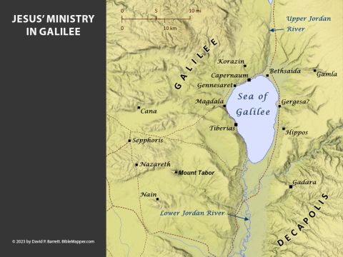 Jesus’ ministry in Galilee. <br/>Soon after His baptism Jesus relocated his ministry from his hometown of Nazareth to the fishing town of Capernaum, and several of His disciples were fishermen on the lake (Matthew 4:12-22; Mark 1:16-20; Luke 5:1-11). A number of the events described in the Gospels took place along (or sometimes on) the lake, including Jesus feeding thou-sands of people (Matthew 14:13-21; 15:29-39; Mark 6:30-44; 8:1-10; Luke 9:10-17; John 6:1-15), walking on water (Matthew 14:22-36; Mark 6:45-53; Luke 6:16-21), and calming the wind and the waves (Matthew 8:23-27; Mark 4:35-41). – Slide 8