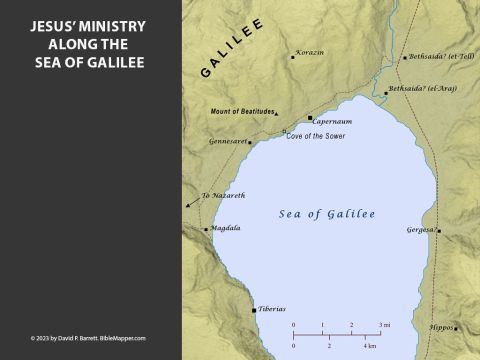 Jesus’ Ministry along the Sea of Galilee. <br/>Although Lake Galilee spanned a mere seven miles at its widest point from east to west, a significant number of events in Jesus’ ministry took place along its shores–or sometimes even on the lake itself. One of these events–the feeding of 5000 people–took place near the town of Bethsaida (Matthew 14:13-21; Mark 6:30-44; Luke 9:10-17; John 6:1-15), which was also the hometown of Peter, Andrew, and Philip (John 1:44; 12:21). Other notable events along the lake include Jesus walking on the water (Matthew 14:22-36; Mark 6:45-53; Luke 6:16-21), calming the wind and the waves (Matthew 8:23-27; Mark 4:35-41), and teaching people in parables and sermons. Jesus’ most famous sermon (Matthew 5-7) was likely delivered at a place now called the Mount of Beatitudes. On another occasion Jesus taught from a boat on the lake while people listened along the shore (Matthew 13:1-2; Mark 4:1). This may have happened at a place called the Cove of the Sower, which was a naturally occurring outdoor amphitheatre. – Slide 9