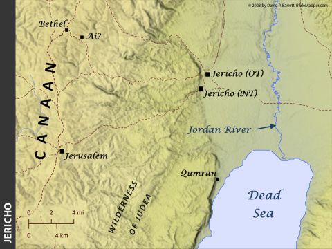 Jericho. <br/>With its hot desert climate and abundant springs, Jericho was known as the ‘city of palm trees’ (Deuteronomy 34:3). Centuries later it was likely near Jericho (which had moved further south) where Jesus was baptized (Matthew 3:13; Mark 1:9; Luke 3:1-22; John 1:26-34), and He also encountered Zacchaeus (Luke 19:1-10) and a blind man named Bartimaeus there (Mark 10:46-52). Jesus’ story of the Good Samaritan tells of a man overtaken by robbers on the steep route descending from Jerusalem to Jericho (Luke 10:25-37). About ten miles southwest of Jericho lay the forbidding wilderness of Judea, where Jesus fasted and was tempted by the Devil (Matthew 4:1-11; Mark 1:12). – Slide 11