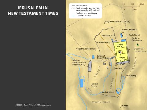 Jerusalem in New Testament Times. <br/>Just prior to Jesus’ birth, Herod the Great completely renovated and expanded the Temple, and he also built a lavish palace for himself, various pools (where Jesus occasionally performed healings), public buildings, and military citadels, including the Antonia Fortress, which overlooked the Temple. Across the Kidron Valley lay the Garden of Gethsemane, where Jesus often met with his disciples (Matthew 26:36-46; Mark 14:32-53; John 18:1-14). Further east was the Mount of Olives, where Jesus began His triumphal entry one week before his crucifixion (Matthew 21:1-11; Mark 11:1-11; Luke 19:28-40; John 12:12-19), taught His disciples about the last days (Matthew 24-25; Mark 13), and eventually ascended to heaven (Luke 24:50-53; Acts 1:1-11). – Slide 12