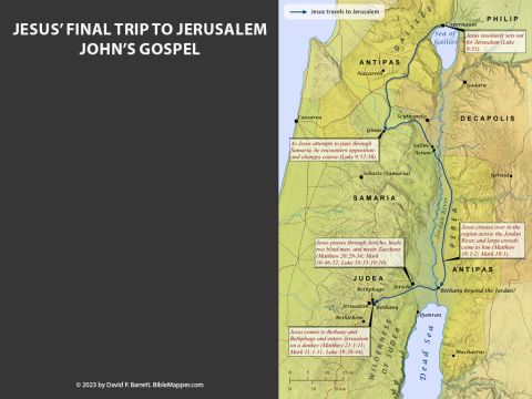 Jesus’ final journey to Jerusalem – John’s Gospel. <br/>John, mentions several trips to Jerusalem by Jesus before His crucifixion (John 2:13-17; 5:1-15; 7:1-13; 10:22-23), followed by a trip to Perea across the Jordan River (John 10:40-42), a return to Bethany where He raises Lazarus from the dead (John 11), a withdrawal to the village of Ephraim for a few months (John 11:54), and a return trip to Bethany, where He then enters Jerusalem riding on a donkey (John 12:1-19). The differences between the Synoptics’ and John’s accounts are noteworthy, but they are not irreconcilable. – Slide 16