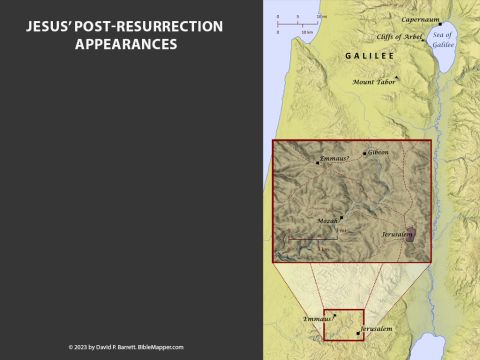 Jesus’ Post-Resurrection Appearances. <br/>The first to see the risen Jesus were women, including Mary Magdalene, who had gone that morning to finish preparing Jesus’ body with spices. Later that same day (Sunday) Jesus also appeared to two disciples traveling from Jerusalem to a town called Emmaus (Luke 24:13-36). Still later that day when the two disciples had returned to Jerusalem and were telling Jesus’ disciples what they saw, Jesus appeared again to them and several other believers. Apparently a week after this, presumably in Jerusalem, Jesus appeared again to a group of disciples that included Thomas (John 20:24-29). At some point Jesus also met His disciples on a mountain in the region of Galilee, perhaps at Mount Tabor or the cliffs of Arbel (Matthew 28:16). Jesus also met with Peter and some other disciples who were fishing on the Sea of Galilee (John 21:1-14). Finally at the end of Jesus’ forty days on earth after His resurrection, Jesus led His disciples out from Jerusalem to the vicinity of Bethany and ascended to heaven (Luke 24:50-53). – Slide 17