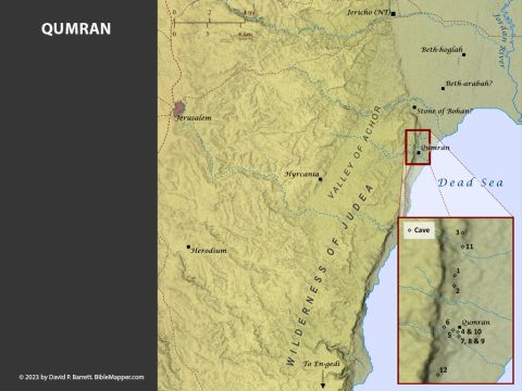 Qumran. <br/>The small desert community of Qumran was established during the era of the Maccabees. The site was located less than 14 miles (22 km) east of Jerusalem and 8 miles (13 km) south of Jericho, yet its location in the arid wilderness of Judea afforded it a significant degree of intentional isolation from established Jewish society. Prior to its demise, the community produced copies of the Scriptures, biblical interpretation, and community instruction (now known as the Dead Sea scrolls) and hid these manuscripts away in at least a dozen caves nearby, the most recent of which (Cave 12) was discovered in 2017. – Slide 18