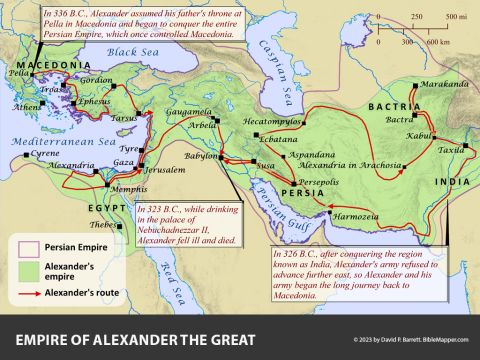 Empire of Alexander the Great. <br/>In 336 B.C. at the age of 20 Alexander assumed the throne of Macedonia from his father Philip II, and he immediately united all of Greece under his rule and launched a 10 year campaign with his army to overthrow the entire Persian Empire–a feat he accomplished without losing a single battle to the Persians. Technically speaking, Alexander lived between the Old and New Testament eras, but the prophet Daniel had foretold of Alexander’s actions in chapters 8 and 11 of his book. – Slide 1
