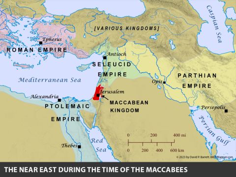 The Near East during the Time of the Maccabees. <br/>The map displays the complex political world of the Near East around 90 B.C., shortly before the Romans absorbed the Seleucid Empire and the Maccabean Kingdom in 63 B.C. – Slide 3