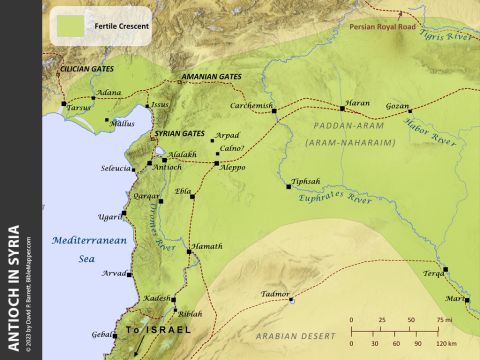 Antioch in Syria. <br/>By the time of the New Testament, the Romans ruled over all the Levant west of the Euphrates River, while the Parthians ruled over all the area east of the river. Antioch had become one of the largest cities of the Roman Empire, and it is where believers were first called Christians (Acts 11:26). The church at Antioch was also the location from which the apostle Paul began all three of his missionary journeys recorded in the book of Acts (13:1-3; 15:36-41; 18:23). – Slide 2