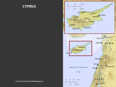 Cyprus. <br/>The apostle Barnabas (and perhaps his relative John Mark) was from the island of Cyprus (Acts 11:19-20), and when Paul set out with him on the first missionary journey, they went first to Cyprus (Acts 13). Later Barnabas parted ways with Paul and returned to Cyprus with John Mark, on another missionary journey (Acts 15). – Slide 4