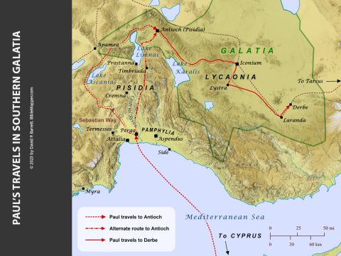Paul’s Travels in Southern Galatia. <br/>The map shown here depicts the inbound route Paul took during his first journey, though the exact route Paul followed to reach Pisidian Antioch from Perga is uncertain. Some scholars suggest he took the Sebastian Way, which was a well maintained but somewhat indirect route for traveling to Antioch. Other suggest Paul followed the more direct but also more difficult route along the valley of the Cestrus River. – Slide 5