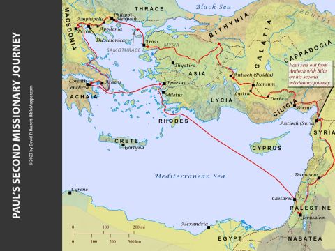 Paul’s Second Missionary Journey. <br/>In Lystra, Paul and Timothy met a young believer named Timothy, who began travel-ing with them (Acts 16:1-3). At Troas in northwest Tur-key, Paul saw a vision of a man from Macedonia beg-ging them to come and help them, so he and his team left immediately for Neapolis (Acts 16:9-11). From there they travelled to Philippi and Thessalonica, where they established new churches despite continued persecu-tion. They travelled on to Athens, where Paul spoke about Jesus to a group of philosophers at the Areopa-gus. From there Paul and Silas travelled to Corinth, where he met Aquila and Priscilla, and he ministered in Corinth for a year and a half (Acts 18:11). After this Paul set out for Antioch from Cenchrea, stopping at Ephesus along the way. – Slide 2
