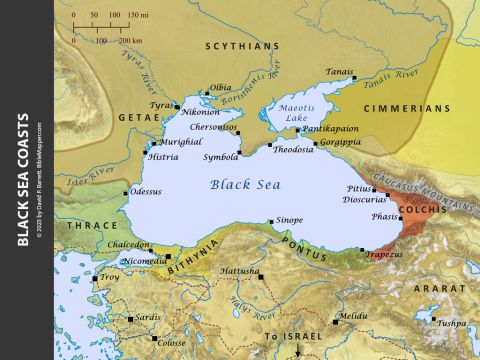 Black Sea Coasts. <br/>The land of Pontus along the southern shore of the Black Sea was noted as one of the places from which Jews had come when Peter delivered his powerful sermon during the festival of Pentecost in Jerusalem (Acts 2:9). Pon-tus was likewise listed among the addressees of Peter’s first letter (1 Peter 1:1), and it was the home-land of Aquila, a coworker of Paul (Acts 18:2). The region of Bithynia, immedi-ately west of Pontus, was noted as one of the ad-dressees of Peter’s first letter as well, and Paul tried to enter this region during his second mission-ary journey, but the Spirit of Jesus prevented him from doing so (Acts 16:7). – Slide 4