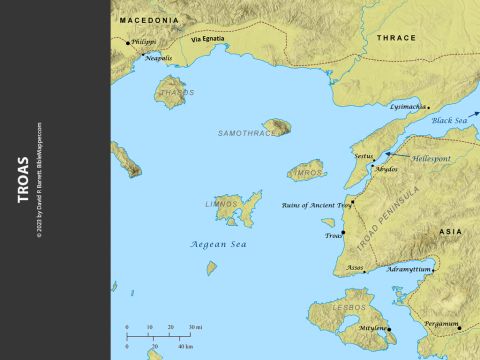 Troas. <br/>While the apostle Paul was at Troas he saw a vision of a man from Macedonia calling for to him for help, so Paul and his companions crossed into Europe with the gospel and established a church at Philippi (Acts 16:6-12). On a later missionary journey Paul and his companions returned to Troas from Macedonia, and as Paul was preaching late into the night a young man fell out of a window and was taken up dead, but Paul came to his aid, and the young man was returned to his family alive again (Acts 20:1-12) – Slide 5