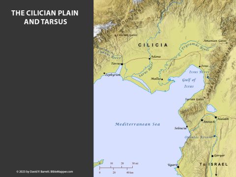 The Cilician Plain and Tarsus. <br/>Around 67 B.C. the Romans took control of the Cilician plain and made Tarsus the capital. Around A.D. 5 the apostle Paul was born in Tarsus, which he later described as ‘no ordinary city’ (Acts 21:39). Less than 90 miles (144 km) to the southwest lay Antioch, one of the largest cities of the Roman Empire and the place where believers were first called Christians (Acts 11:26). – Slide 1
