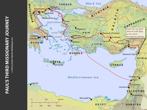 Paul’s Third Missionary Journey. <br/>Paul and Silas left Antioch and revisited the churches in Galatia and Phrygia to encourage them. Then Paul fulfilled his promise to return to Ephesus, where he ministered for many months, preaching first in the synagogues but then lecturing daily in the hall of Tyrannus. Eventually a riot broke out in Ephesus, where the temple of Artemis was located, because the local silversmiths feared that Paul’s evangelistic work there would harm their business of making shrines of Artemis. So Paul left for Macedonia and southern Greece, most likely visiting the churches in Philippi, Thessalonica, and Corinth. Before Paul set sail to return to Antioch, a plot on his life was discovered, so he travelled back through Macedonia, probably by land. Paul eventually arrived at Troas, and then travelled on to Miletus, where he sent for the elders of the Ephesian church about 30 miles away to come and meet him. Paul’s ship stopped briefly at Tyre and then at Ptolemais before finally arriving at Caesarea. – Slide 2