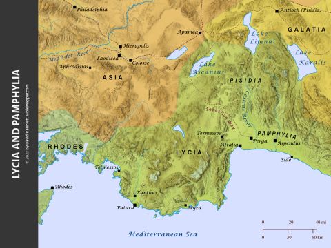 Lycia and Pamphylia. <br/>During New Testament times, the apostle Paul passed through Perga as he made his way to Antioch of Pisidia and also as he returned. From there he went to Attalia before setting sail for Antioch (Acts 13-14). Near the end of his third missionary journey, Paul changed ships at the port of Patara on his way to Jerusalem (Acts 21:1-2). Later, Paul changed ships at the port of Myra while being transferred to Rome to stand trial before Caesar (Acts 27:5). – Slide 3