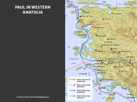 Paul’s Travels in Western Anatolia. <br/>During his second and third missionary journeys (Acts 15-21), the apostle Paul travelled extensively throughout western Anatolia, most of which formed the Roman province of Asia. During Paul’s third journey, he spent two years ministering in Ephesus, one of the most prestigious cities of the Roman Empire, but eventually the local silversmiths incited a riot, forcing Paul to leave for Macedonia. – Slide 5