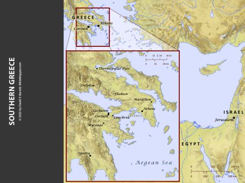 Southern Greece. <br/>The apostle Paul travelled to southern Greece, visiting the renowned philosophical centre of Athens before moving on to Corinth and visiting the church there. Corinth was a very prosperous city strategically located near the isthmus linking the southern peninsula to the mainland, giving it command over both land and sea travel in the region. – Slide 6