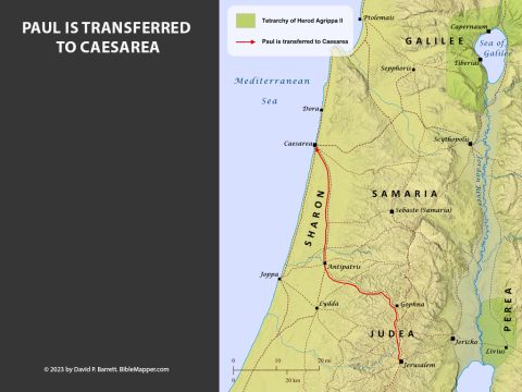 Paul Is Transferred to Caesarea. <br/>After arriving in Jerusalem at the end of his third missionary journey, Paul went up to the Temple, but some Jews there started a riot, because they thought he had brought a Gentile into the Temple area. As Paul responded to the Sanhedrin’s accusations, some Jews made plans to ambush him if he was brought before the leaders again. But Paul’s nephew found out about the plot and informed the commander, who transferred Paul to Caesarea during the night under heavy guard: two hundred soldiers, seventy calvary, and two hundred spearmen. This large detachment escorted Paul to Antipatris, and then the soldiers returned, leaving the cavalry to escort Paul the rest of the way to Caesarea. – Slide 8