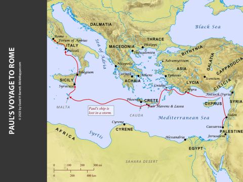 Paul’s voyage to Rome. <br/>Felix the governor arranged for Paul to be taken by ship to Rome, even though their voyage would take place late in the season for sea travel and would face difficult weather. Along the way they stopped at Myra in Lycia and then made their way to the southern coast of Crete to search for safe harbour. The centurion and the owner of the ship chose not to wait out the weather at Fair Havens and headed for the harbour at Phoenix further west on the coast. The strong winds, however, caused them to lose control of the ship, and they were driven along by the storm for several days. Eventually they were shipwrecked off the coast of the island of Malta, but the crew was saved. After three months the crew set sail from Malta once again, stopping at Syracuse and Rhegium before arriving at Puteoli in Italy. They travelled the rest of the journey along the Appian Way to Rome. – Slide 2