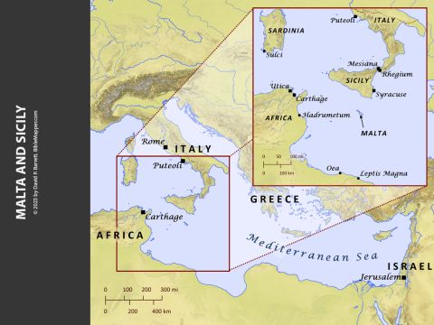 Crete. <br/>As Paul was on his way to stand trial in Rome (Acts 27), he sailed along the southern coast of Crete, and there the captain lost control of the ship in a storm while attempting to reach safe harbour at Phoenix. The sailors became terrified that they would run aground on the sandbars of Syrtis, but instead they were driven by the storm to the island of Malta much further west, and the crew was saved. – Slide 4