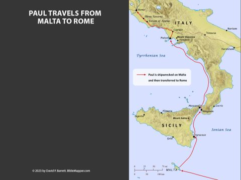 Paul travels from Malta to Rome. <br/>Paul's ship was wrecked near the small island of Malta but the entire crew was saved.  During their time there Paul prayed for many who were sick, and they were healed. Three months after they first arrived on the island Paul was placed on another ship to finish the voyage to Rome. Along the way they stopped at Syracuse and Rhegium and then disembarked at Puteoli to finish the trip to Rome on foot. Some believers there invited them to spend a week with them before continuing on to Rome. In the meantime, other believers in Rome heard that Paul was coming and travelled as far as the Forum of Appius–forty miles away–to escort him the rest of the way to Rome. Once in Rome Paul was put under guard but was allowed to live in his own private lodging for two years as he awaited trial. – Slide 6