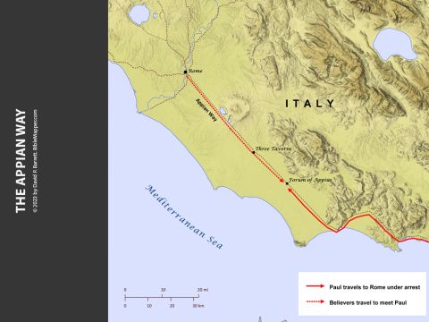The Appian Way. <br/>When Paul was being transferred to Rome under arrest, believers from Rome travelled down the Appian Way as far as the Forum of Appius to meet Paul and escort him back to Rome–a distance of 40 miles (Acts 28:13-15). – Slide 7