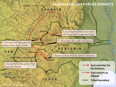 Saul Searches for His Donkeys. <br/>The journey of Saul to find his lost donkeys and his meeting with Samuel. After Saul prophesies at the High Place of Gibeah, Samuel assembles all the Israelites at Mizpah to select Saul as the new king. – Slide 4