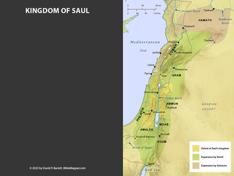 Kingdom of Saul <br/>The twelve tribes of Israel united under King Saul in order to be more like the nations around them (1 Samuel 8). Saul was effective in fighting Israel’s nearby enemies, such as the Philistines and the Ammonites (1 Samuel 11; 13-14). Over time, however, Saul proved unfaithful to the Lord (1 Samuel 15), so the Lord chose a young man named David to replace him (1 Samuel 16). – Slide 5