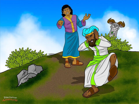 King Balak was furious. He thumped his fists on the ground. ‘I told you to curse the Israelites, but you have blessed them three times! I was going to give you great riches, but God has stopped you from getting the reward. Now go home!’<br/>Balaam took a deep breath. ‘Listen to me,’ he said. ‘I told your messengers that even if you gave me great riches I could not disobey the God of Abraham, Isaac, and Jacob. I will go home, but first I have another warning from God.’ <br/>The king was not sure if he wanted to hear what Balaam had to say. He feared the prophet had more bad news. But it was too late. ‘A Messiah will come out of Israel and destroy its enemies,” continued Balaam, “including your people in the land of Moab.’ <br/>The king gasped and covered his ears. This was not the message he wanted to hear. ‘What are you saying?!’ he shouted. ‘Stop! I don’t want to hear any more. Just go home!’ – Slide 14