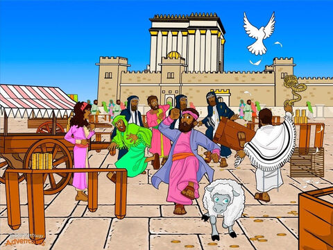 Yeshua rode through the city streets to the Temple. Outside, hundreds of Roman soldiers guarded the gates. Pilate, the Roman governor, did not want any bad behavior during the upcoming Feast. Inside, the courtyard had become a marketplace. Traders were buying and selling animals, and changing money. They were cheating the people instead of honoring God. Yeshua clenched His fists. The Temple was never meant to be a place to buy and sell things. It was meant to be place to worship Yah their God. <br/>The next morning, Yeshua returned to the Temple and made a whip out of rope. Cracking it above His head, He kicked over the traders’ tables and knocked over their stools. “How dare you turn My Father’s house into a market!” He thundered. <br/>Sheep bleated and oxen grunted. Coins scattered across the courtyard and rolled down the shiny marble steps. Yeshua said to the people, “It is written, ‘My house is a house of prayer. But you have made it a place for robbers!’” When the chief priests learned what had happened, they were furious. “Let us waste no more time. We must find a way to put this man to death!” – Slide 6