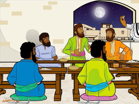 At the beginning of the day of Passover preparation, Yeshua and His disciples met at a house in Jerusalem for a meal. Yeshua said to them, “I wanted to eat the Passover meal with you before I die. But I will not eat it again until we eat together in my Father’s Kingdom.” Yeshua took a cup of wine, spoke a blessing, and passed the cup around the room. “Take this and drink it.” Then He took some bread and blessed it. “From now on, do this to remember Me.” Breaking the bread into pieces, He gave it to the disciples. “Take this and eat it. This represents My body which is being broken for you.” <br/>As the disciples ate, Yeshua rose from the table. Pouring water into a basin, He began to wash His disciples’ feet. “No,” said Peter, one of the disciples. “You shall never wash my feet! This is the work of a servant!” Yeshua answered, “If you do not let Me wash your feet, you can no longer be My disciple.” <br/>Then Yeshua said to them, “Tonight, one of you will betray Me.” The disciples stopped eating. “Master, who would do such a thing?” They stared at each other suspiciously. “Is it him? Is it me?” Yeshua said, “It is the one to whom I give this bread.”. He took a piece of bread, dipped it in olive oil and handed it to Judas. “Do what you have to do.” It was already in Judas’ heart to betray Yeshua. He slipped out of the room and into the darkness. It was time to betray the king. – Slide 8